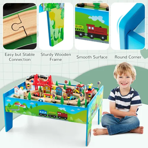 Miniatura 8 de Mesa de Tren INFANS, Juego de 80 Piezas de Madera para Niños con Juego de Actividad Reversible y Desmontable, Pistas, Tren, Ferrocarril, Ciudad