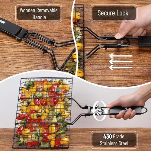 Miniatura 3 de UNCO- Cesta para parrilla de barbacoa, plegable, portátil, de acero inoxidable, con mango de madera extraíble y cepillo para untar, para verduras