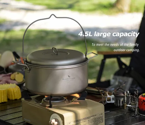 Miniatura 2 de iBasingo Juego de ollas de sopa de titanio con mango plegable para colgar, utensilios de cocina portátiles ligeros para 3-5 personas en camping