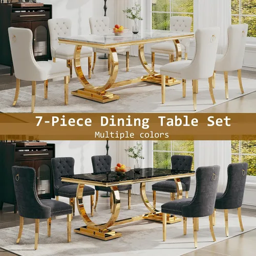 Miniatura 3 de Juego de mesa de comedor de 7 piezas, mesa de cocina de lujo de mármol sintético blanco de 70 pulgadas y 6 sillas copetudas de terciopelo beige