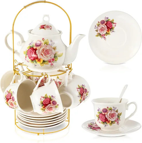 Miniatura 9 de Zhehao Juego de té de porcelana de 20 piezas con soporte de metal y cuchara para adultos, juego de té de cerámica para adultos, pintura de flores