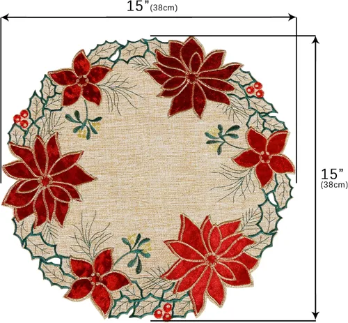 Miniatura 4 de OWENIE Juego de 4 manteles individuales redondos de flor de pascua de Navidad, bordados, con apliques bordados, manteles individuales de lino