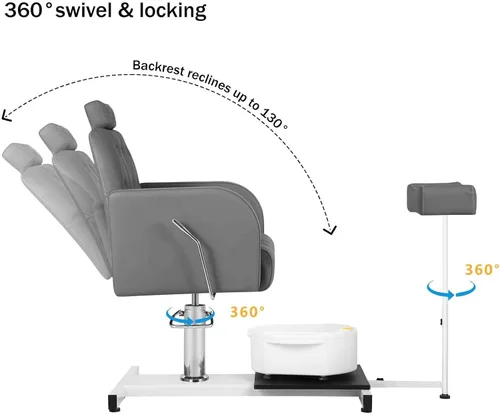 Miniatura 6 de Silla de pedicura con baño de pies de masaje para tecnología de uñas y baño de pies, silla de pedicura con rotación de 360 ° en altura ajustable