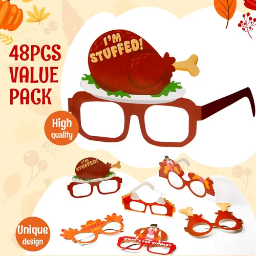 Miniatura 2 de JOYIN 48 lentes de pavo de Acción de Gracias, marco de anteojos de pavo con diseño de calabaza y hojas de arce, accesorios para fotos, anteojos