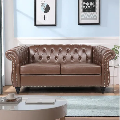 Miniatura 19 de LEVNARY Sillón tapizado de cuero, moderno sofá individual de mediados de siglo con brazos enrollados y cabeza de clavo, silla Chesterfield de piel