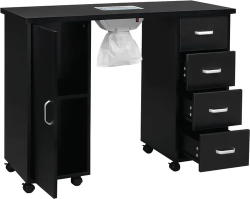 Winado Estación de mesa de manicura para uñas, escritorio de uñas de spa con ventilación eléctrica de corriente descendente, ruedas de bloqueo, Negro