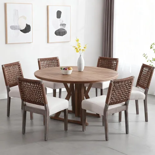 Miniatura 11 de Juego de 2 sillas de comedor de granja, sillas de comedor tapizadas con respaldo tejido a mano, asiento acolchado suave y patas de madera Beige