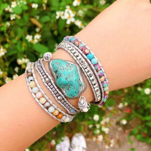 Miniatura 66 de ZOSOJONA - Pulseras bohemias hechas a mano de piedra natural, que dan vuelta, con cuentas de cristal de turquesa