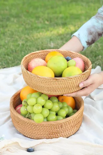Miniatura 4 de HITOMEN Cestas de pan de ratán hechas a mano redondas de mimbre para servir frutas, cuencos de almacenamiento de frutas de tejido natural