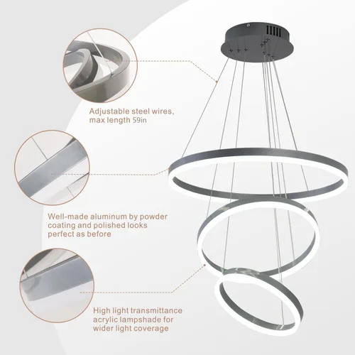 Miniatura 6 de Lámpara colgante LED plateada, lámpara de araña moderna regulable de 3 anillos con control remoto para comedor de techo alto