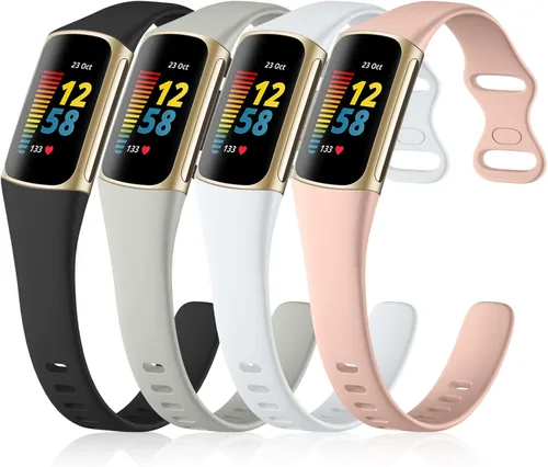 GEAK Paquete de 4 correas delgadas compatibles con correas Fitbit Charge 5/6 para mujeres y hombres, pulseras de repuesto deportivas de silicona