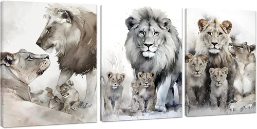 3 piezas modernas de lienzo de león de animales salvajes, pinturas de retratos de familia de leones, decoración de pared, obras de arte de sala de