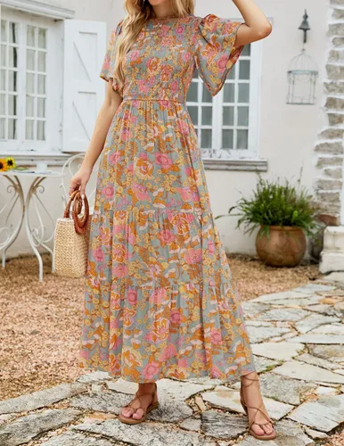 Miniatura 9 de ZESICA Women's 2023 Summer Casual Floral Print Short Flutter Sleeve Crew Neck Smocked High Waist Flowy Maxi Dress