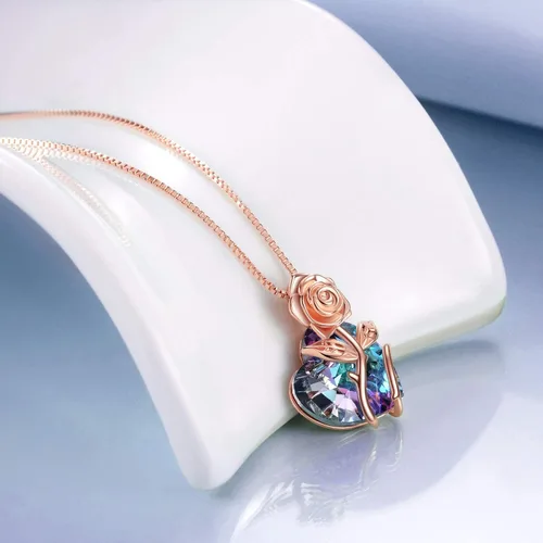 Miniatura 2 de AOBOCO Collar de plata de ley con forma de corazón y flor de rosa adornado con cristales de Austria, regalo de joyería de rosas de cumpleaños