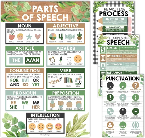 Hadley Designs Partes del discurso posters para el aula -4 carteles de gramática en inglés, proceso de escritura, sustantivos verbos adjetivos,