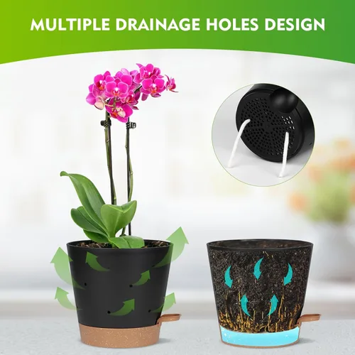 Miniatura 5 de JGB 4 macetas de orquídeas con agujeros, cada una de 5, 6, 7 y 8 pulgadas, macetas de orquídeas de riego automático y macetas de plástico Negro