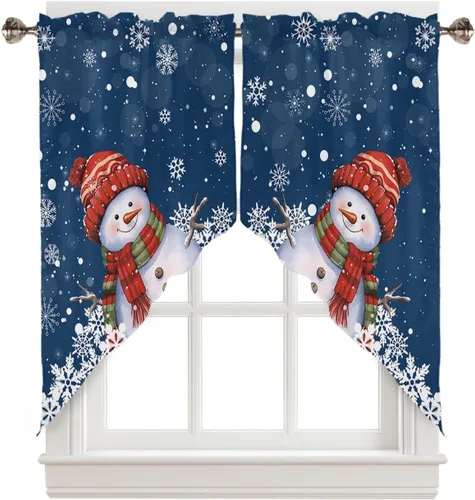 BEMIGO Cortinas de cocina de Navidad, lindas cortinas de granja con muñeco de nieve azul, cenefa con bolsillo para barra de copos de nieve para