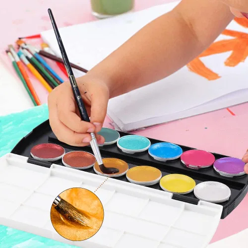 Miniatura 5 de Dyvicl Juego de pintura de acuarela metálica con purpurina, 12 acuarelas que cambian de color brillante, caja portátil con cepillo de agua, pinturas