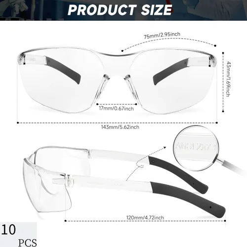 Miniatura 2 de Salfboy Gafas de seguridad transparentes a granel de 10 ANSI Z87.1, gafas protectoras resistentes a arañazos para trabajo, laboratorio, construcción