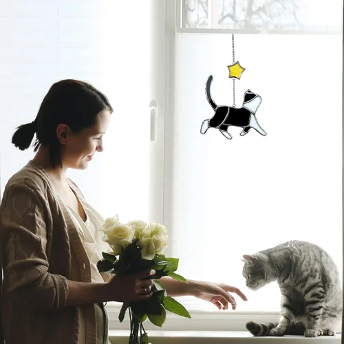 Miniatura 3 de Seawah Decoración de atrapasoles de cristal negro para colgar en la ventana, regalo conmemorativo, regalos para amantes de los gatos, mamá