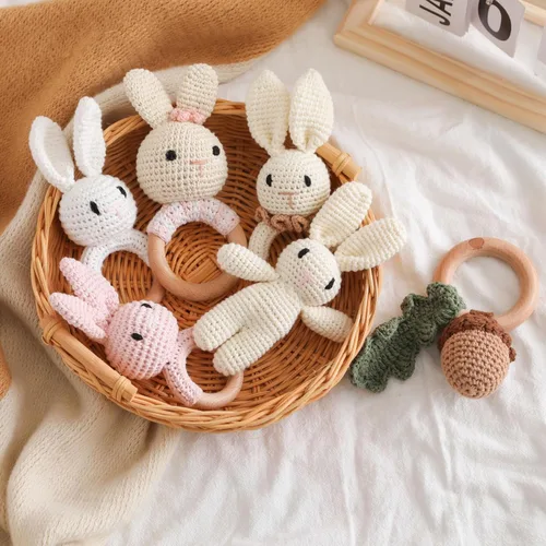 Miniatura 6 de Sonajero de madera para bebé,Sonajero de conejo de ganchillo con anillo de madera, Juguete de sonajero de animales de madera para recién Conejito-1