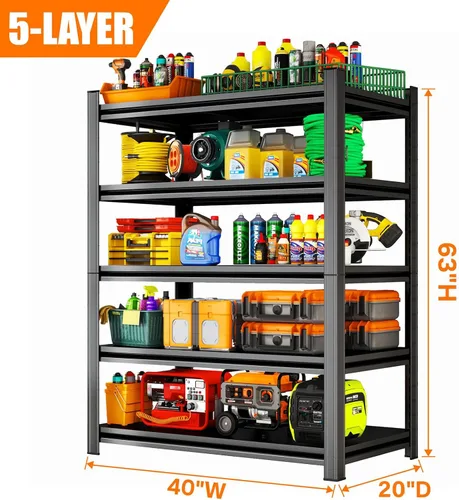 Miniatura 2 de Estantería resistente, estantes de garaje de 5 niveles de 40 pulgadas de ancho, estante de almacenamiento de metal ajustable para garaje, cocina