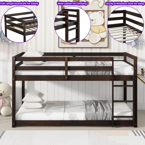 Miniatura 3 de Litera de tamaño individual sobre individual, litera de piso con escalera, barandillas de seguridad, literas de madera para camas individuales