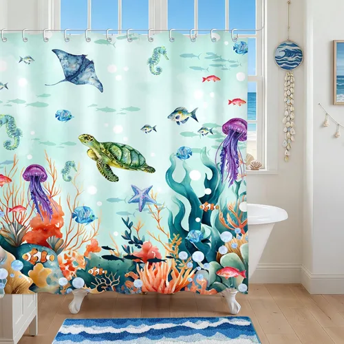 Miniatura 10 de Moutina Cortina de ducha náutica de tortuga marina, decoración de baño con temática oceánica, juego de cortina de ducha costera de playa, 72 x 72