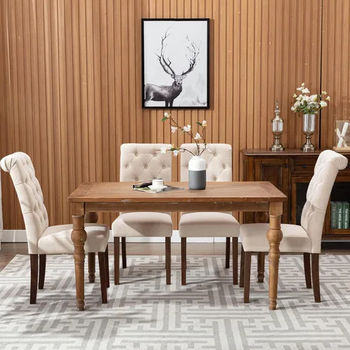Miniatura 4 de COLAMY Juego de 2 Sillas de Comedor Copetudas, Sillas de Cocina Accent Parsons Tapizadas en Tela Elegante con Patas de Madera Maciza y Asiento Beige