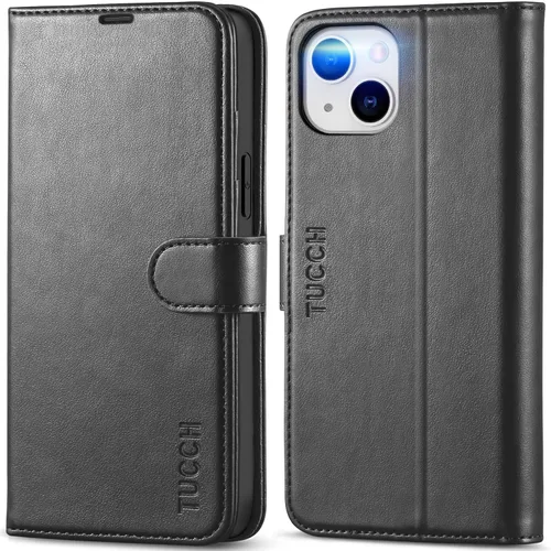 TUCCH Funda tipo cartera para iPhone 14 Plus, bloqueo RFID, soporte para 4 tarjetas [funda interior de TPU a prueba de golpes] Funda protectora Negro