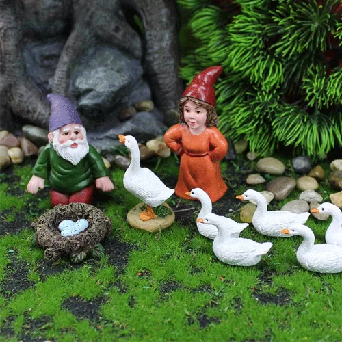 Miniatura 4 de Accesorios de jardín de cuento de hadas, estatua de gnomo en miniatura y estatua de ganso blanco, 9 piezas, maceta y decoración del hogar Dx-01