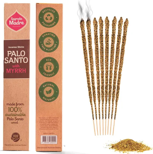 Miniatura 9 de Sagrada Madre 8 varillas de incienso de Palo Santo gruesas cosechadas salvajemente (a base de plantas), 9 pulgadas de largo, ecológicas, no tóxicas