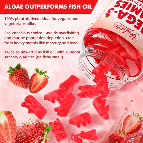 Miniatura 6 de Gomitas veganas Omega-3 de 1000 mg, alternativa al aceite de pescado Omega 3 para adultos, DHA a base de plantas de 460 mg y EPA 230 mg con vitamina