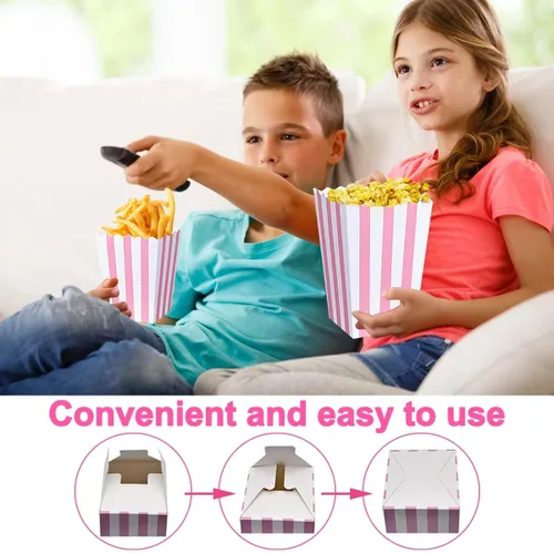 Miniatura 6 de 40 cajas de papel rosa para palomitas de maíz, bolsas de palomitas de maíz rosas con rayas blancas, cajas de palomitas de maíz para fiestas