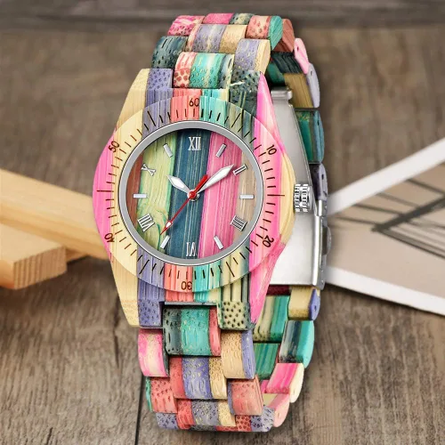 Miniatura 4 de Tiong Reloj de madera para mujer con correa de madera, cuarzo analógico, diseño clásico, colorido reloj de pulsera de bambú para damas, parejas..