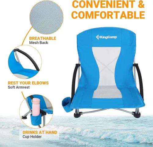 Miniatura 6 de KingCamp Silla de playa baja, silla de camping plegable con respaldo alto para adultos, asiento de malla transpirable de gran tamaño, silla portátil