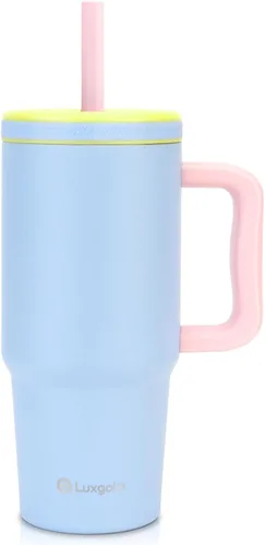 Miniatura 20 de Taza para niños de 24 onzas con asa, tapa de rosca a prueba de fugas con pajita de silicona extraíble, a prueba de derrames, botella aislada
