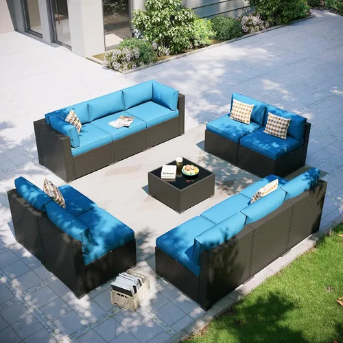 Miniatura 14 de Aoxun Juego de muebles de patio, 7 piezas de sofás seccionales para exteriores con funda impermeable, mimbre de ratán para exteriores, juego