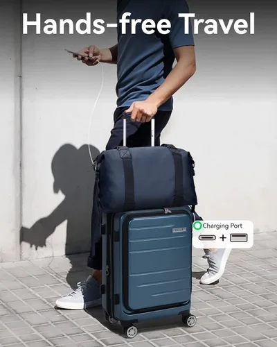 Miniatura 4 de LUGGEX Maleta de mano con bolsillo frontal, maleta rígida de policarbonato expandible con puerto USB, plateado, Equipaje de mano con compartimento