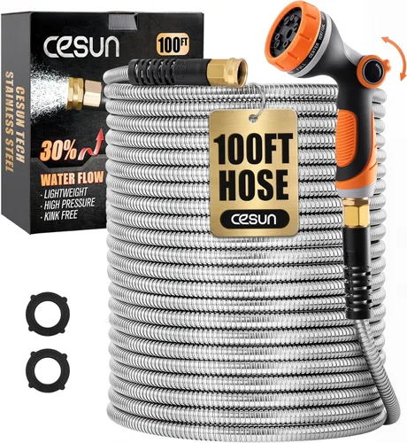 Miniatura 9 de Cesun Manguera de jardín corta de 3 pies, manguera de agua conductora de metal, resistente y ligera, tubo de agua de acero inoxidable para RV, al