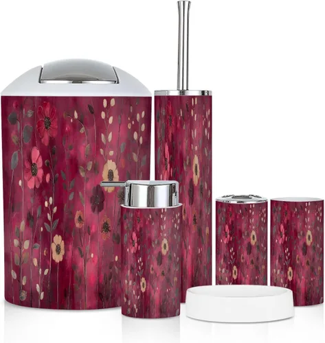Bathroom Accessory Set 6 Piece Red Floral Burgundy Leaf Vintage Boho Flower Colorful Flowers Trash can, Toothbrush Holder, Soap Dispenser, Soap