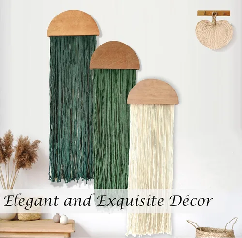Miniatura 2 de Induslyfe Tapiz de macramé para colgar en la pared, 3 piezas, tejido bohemio para el hogar, elegante, decoración de pared geométrica bohemia, Verde