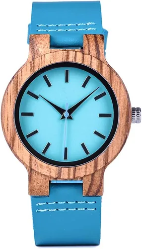 Miniatura 9 de BOBO BIRD Reloj de madera de bambú para hombre y mujer con correa de cuero de vaca azul, relojes casuales para el amor con caja