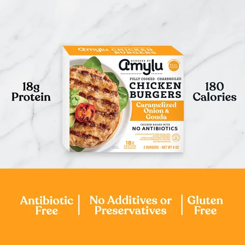 Miniatura 4 de Amylu Foods - Hamburguesa de Pollo con Cebolla Caramelizada y Gouda, Ingredientes Naturales, 18g de Proteína, Pollo Criado sin Antibióticos