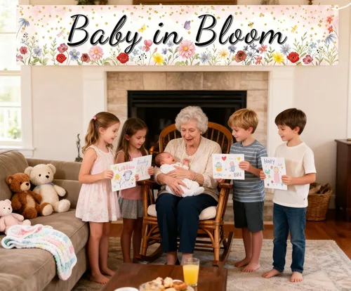 Miniatura 8 de Baby in Bloom - Cartel de baby shower, diseño floral de acuarela rosa coral, decoraciones de primavera para baby shower, grande de 70.8 x 13