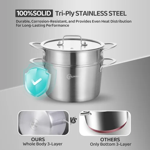 Miniatura 2 de LOLYKITCH Olla de Stock de Acero Inoxidable de Tres Capas de 3 QT con Tapa y Vaporera, Olla de Cocina por Inducción, Utensilios de Cocina al Vapor