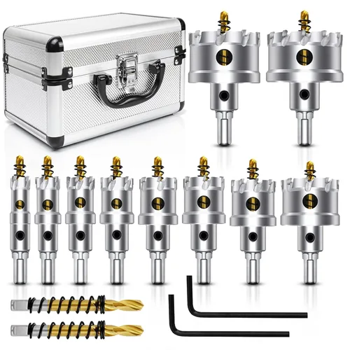 ASNOMY Juego de 12 piezas de sierra perforadora TCT para metal duro, 5/8"-2-1/8" pulgadas con punta de carburo de tungsteno con broca piloto chapada
