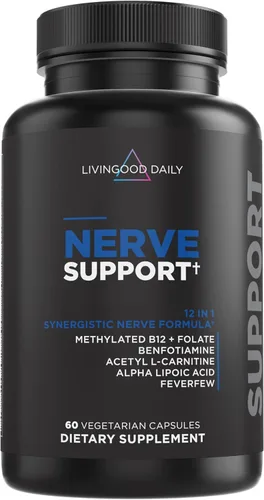 Livingood Daily Suplemento de apoyo nervioso para mujeres y hombres, fórmula de salud nerviosa 12 en 1 con B12 metilado, folato, benfotiamina, ácido