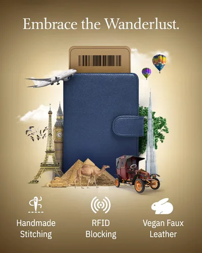 Miniatura 2 de Funda para pasaporte con bloqueo RFID, funda de cuero hecha a mano para pasaporte, organizador de documentos de viaje para hombres y mujeres, Azul