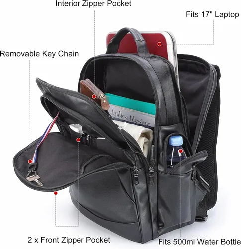 Miniatura 5 de TIDING Mochila de cuero genuino para hombres de gran capacidad 17.3 pulgadas portátil bolsa negra impermeable negocios trabajo viaje mochila